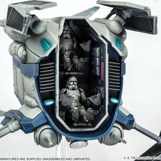 Star Wars: Legion – LAAT-le Patrol Transport - Close up view of back of miniature with stormtroopers inside.