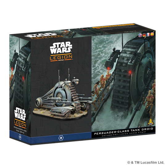 Star Wars: Legion – NR-N99 Persuader Droid - Front of box featuring art of Persuader-Class Tank Droid and image of assembled and painted miniature. 