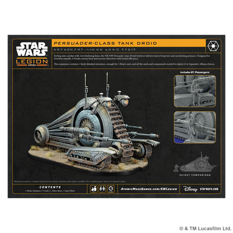 Load image into Gallery viewer, Star Wars: Legion – NR-N99 Persuader Droid - Back of packaging with image of assembled and painted miniature, images of B1 Passengers, and contents list. 
