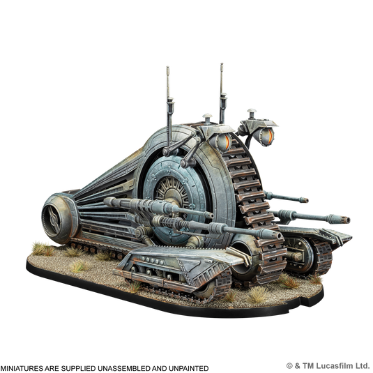 Star Wars: Legion – NR-N99 Persuader Droid - Miniature displayed with note that miniatures are supplied unassembled and unpainted. 