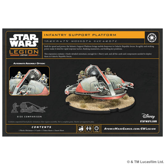 Star Wars: Legion – Infantry Support Platform - Back of box with overview, contents list, and image of miniature and alternate assembly option. 