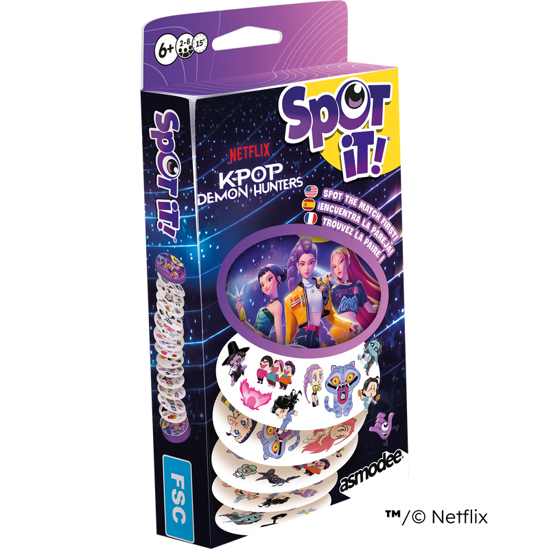 Load image into Gallery viewer, Spot It! K-Pop Demon Hunters (Eco Blister) - front of packaging with art of K-Pop demon hunters characters and images of cards.
