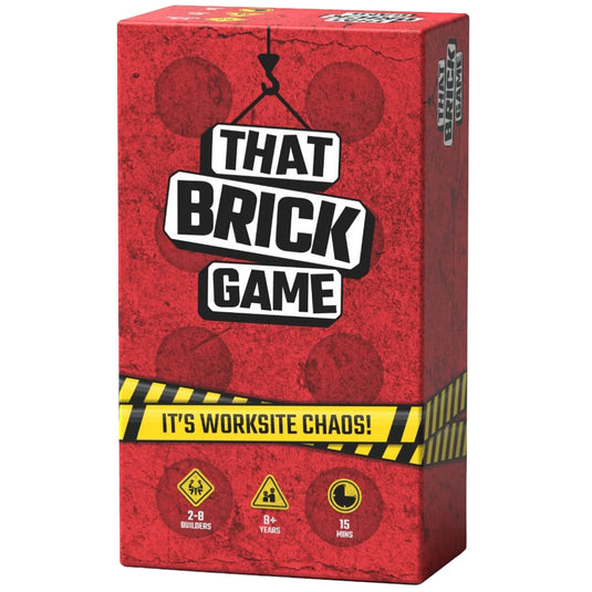That Brick Game - Front of box with brick art design and crane holding up title. Box lists games is for ages 8+ and 2 to 8 players.