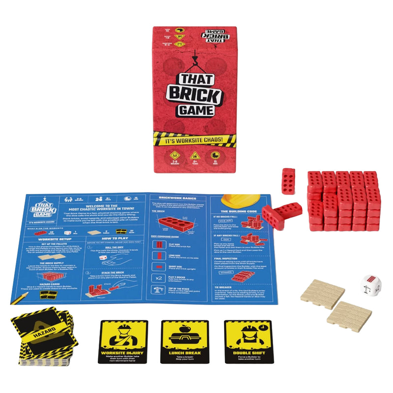Load image into Gallery viewer, That Brick Game - Box and game contents displayed including rules sheet, brick figures, game die, and hazard cards. 
