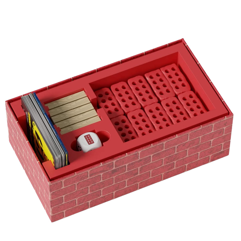 Load image into Gallery viewer, That Brick Game - Open box shown with storage slots for cards, game die, and brick figures. 
