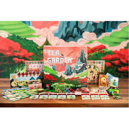 Tea Garden Board Game - box and contents displayed including game cards, game boards, and tokens.