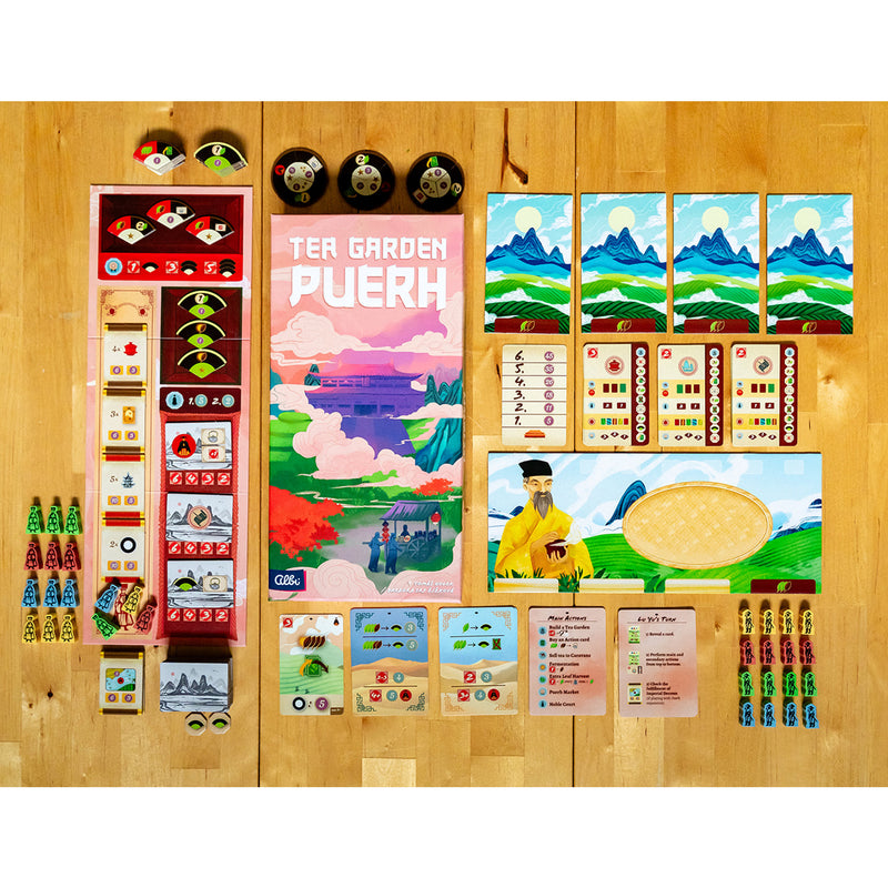 Load image into Gallery viewer, Tea Garden: Puerh Expansion - box and game contents displayed including mountain cards, rules reference cards, fan tokens, and meeples.
