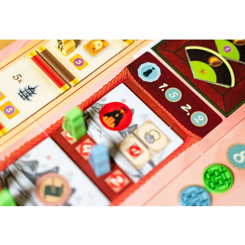 Load image into Gallery viewer, Tea Garden: Puerh Expansion - sample components shown including meeples and tokens shown on top of game board.
