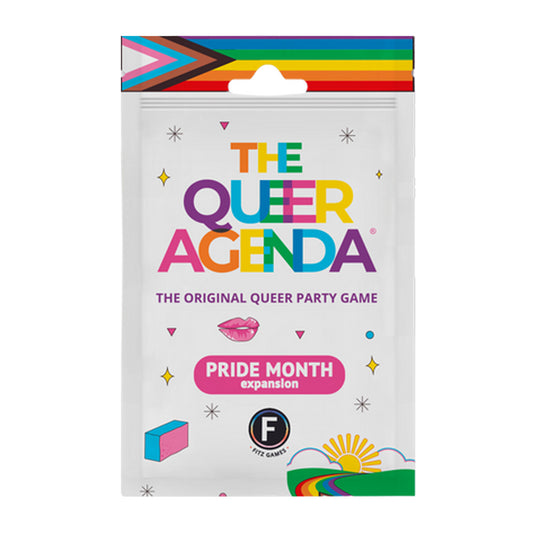 The Queer Agenda: Pride Month Expansion - front of packaging with pride flag on top of packaging.