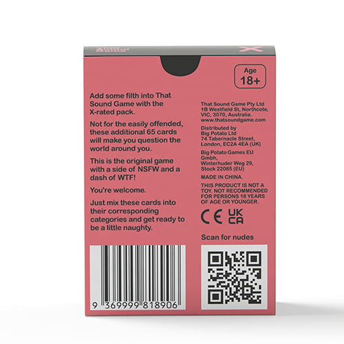 That Sound Game - X-rated Pack - Back of box with game overview, barcode, and QR code. Box lists recommended age as 18+. 