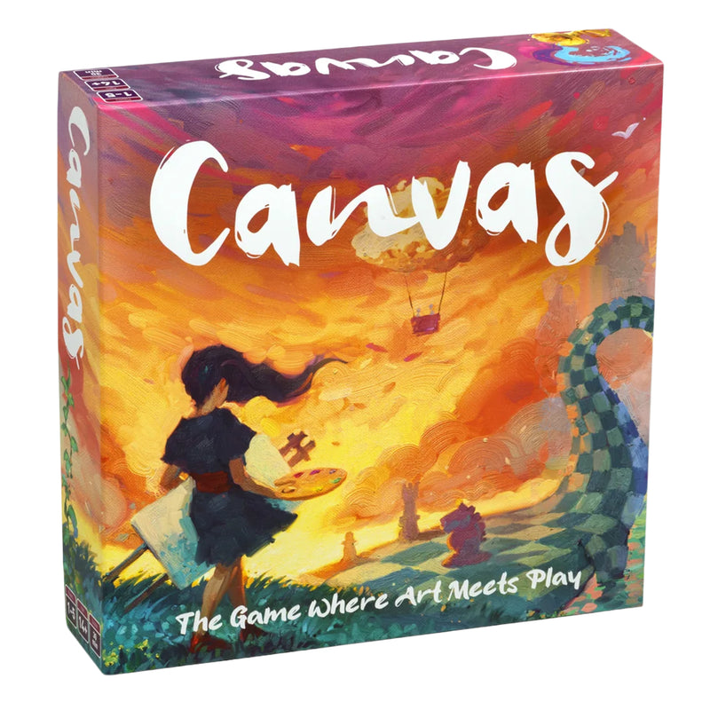 Load image into Gallery viewer, Canvas 2nd Edition Board Game - Front of box featuring painting style art design with a girl holding a canvas and paint pallet. 
