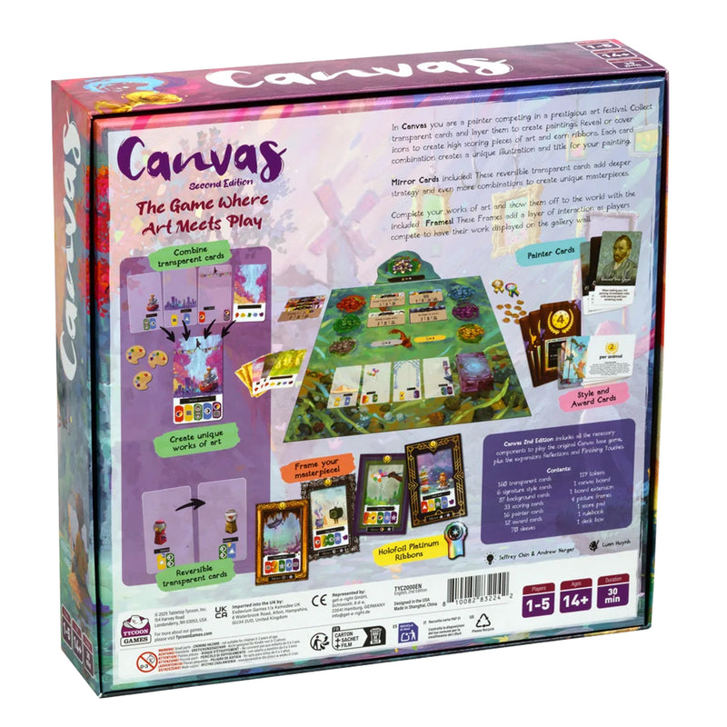 Load image into Gallery viewer, Canvas 2nd Edition Board Game - Back of box with game description, contents list, and images of sample game components. Box lists game is for ages 14+ and 1 to 5 players.
