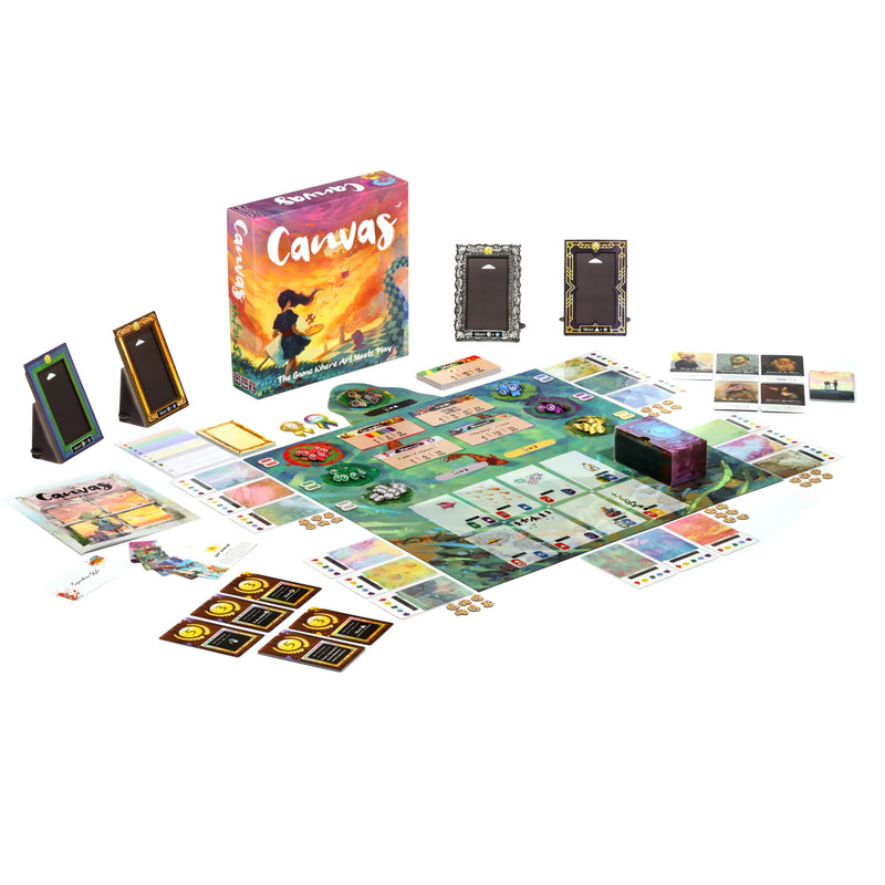 Load image into Gallery viewer, Canvas 2nd Edition Board Game - Box and components displayed including game board, cards, and picture frames. 
