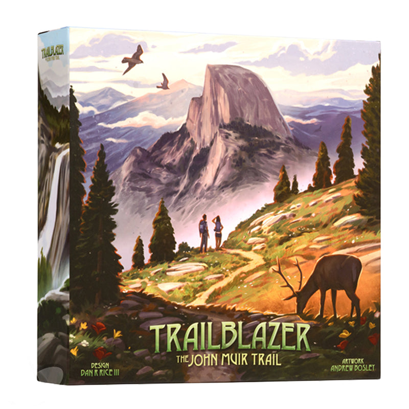 Load image into Gallery viewer, Trailblazer: The John Muir Trail - Front of box featuring art of two hikers on a mountain trail. 

