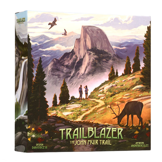 Trailblazer: The John Muir Trail - Front of box featuring art of two hikers on a mountain trail. 
