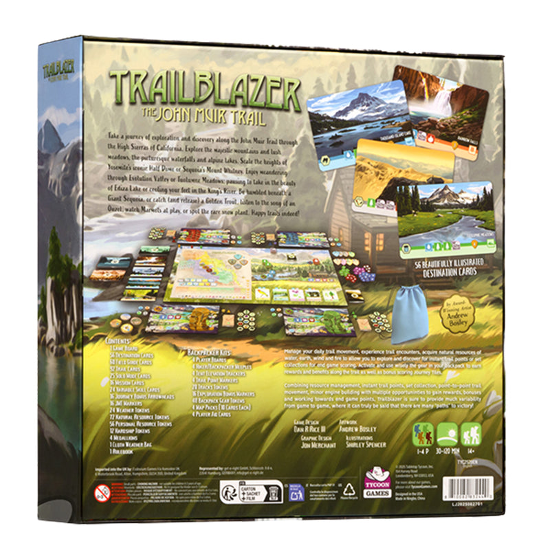 Load image into Gallery viewer, Trailblazer: The John Muir Trail - Back of box with game description, contents list, and images of game components including game board and cards.
