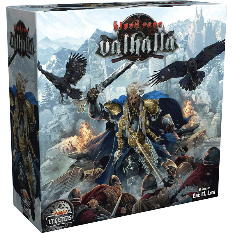 Load image into Gallery viewer, Blood Rage: Valhalla - Front of box featuring art of a warrior holding a sword and two black birds.
