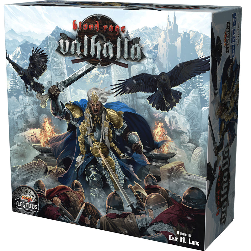 Load image into Gallery viewer, Blood Rage: Valhalla - Front of box featuring art of a warrior holding a sword and two black birds.

