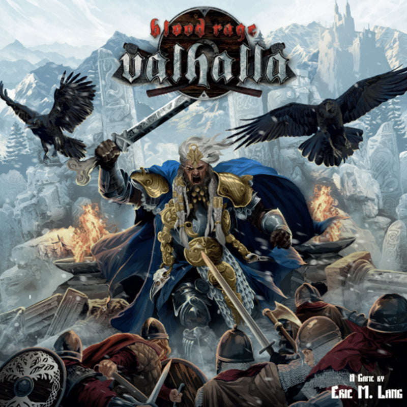 Load image into Gallery viewer, Blood Rage: Valhalla - Front of box featuring art of a warrior holding a sword and two black birds.

