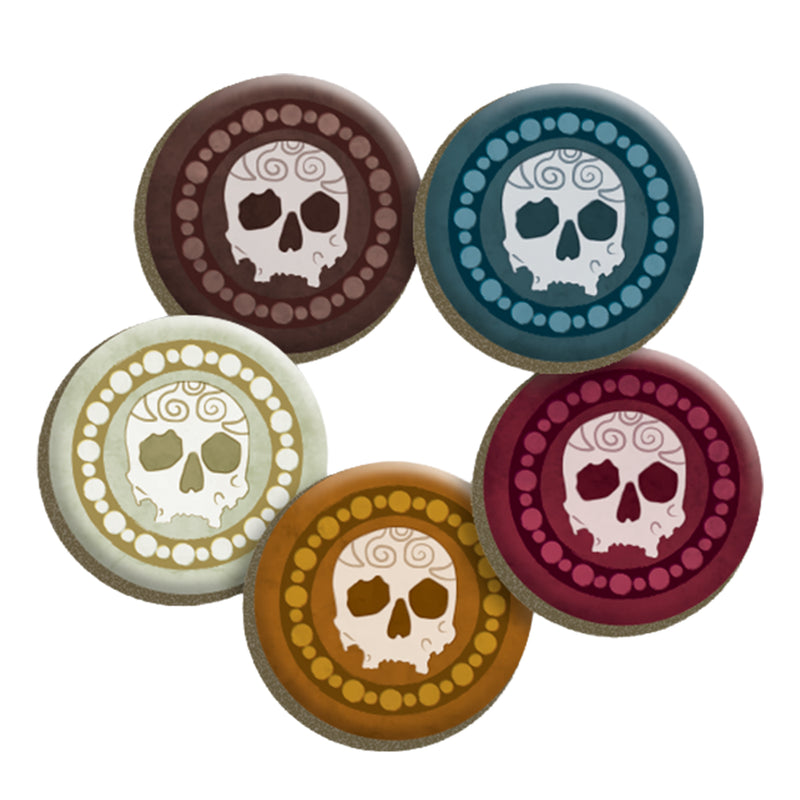 Load image into Gallery viewer, Blood Rage: Valhalla - Five skull tokens shown in a variety of colors.
