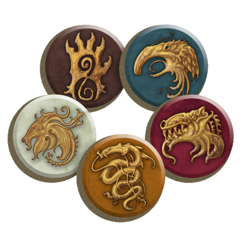 Load image into Gallery viewer, Blood Rage: Valhalla - Five tokens shown with different icons in gold and a variety of colors. 
