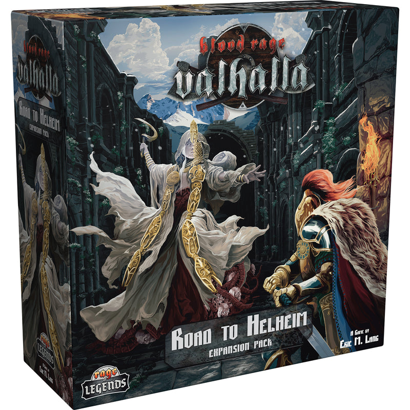 Load image into Gallery viewer, Blood Rage: Valhalla - Road to Helheim Expansion - Front of box featuring art of warriors fighting in Valhalla. 
