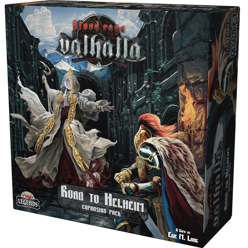 Load image into Gallery viewer, Blood Rage: Valhalla - Road to Helheim Expansion - Front of box featuring art of warriors fighting in Valhalla. 

