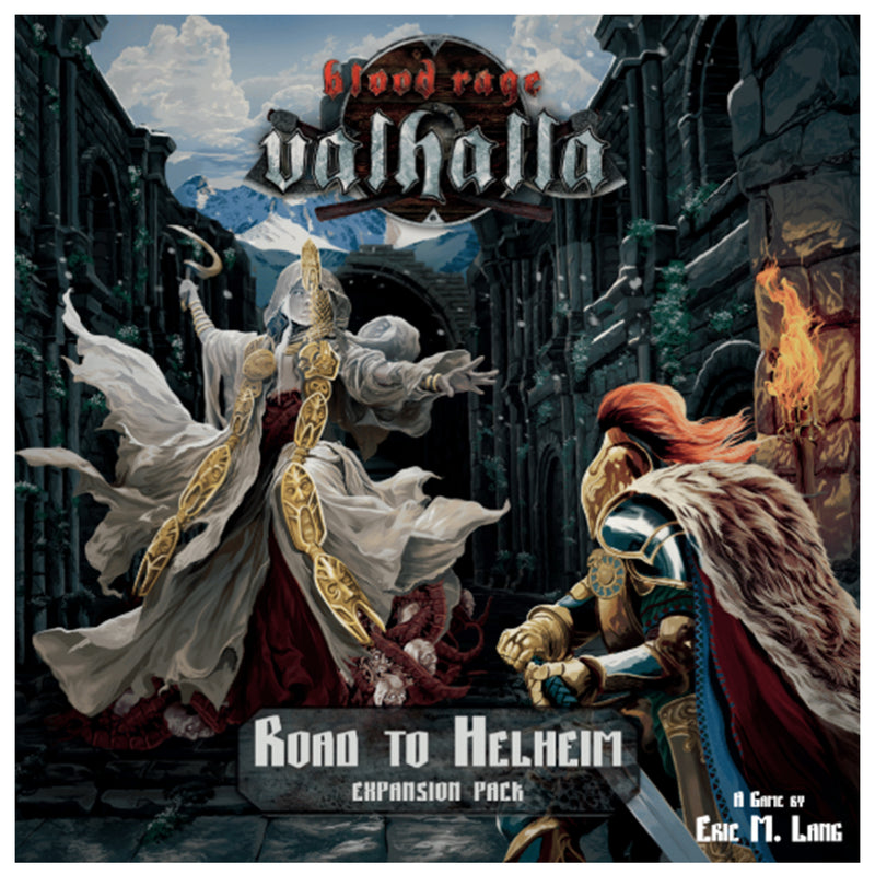 Load image into Gallery viewer, Blood Rage: Valhalla - Road to Helheim Expansion - Front of box featuring art of warriors fighting in Valhalla. 
