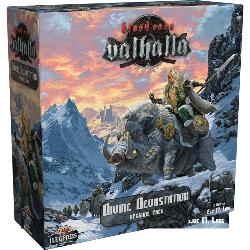 Load image into Gallery viewer, Blood Rage: Valhalla - Divine Devastation - Front of box featuring art of warrior riding a boar with snowy mountains in the background.
