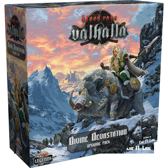 Blood Rage: Valhalla - Divine Devastation - Front of box featuring art of warrior riding a boar with snowy mountains in the background.