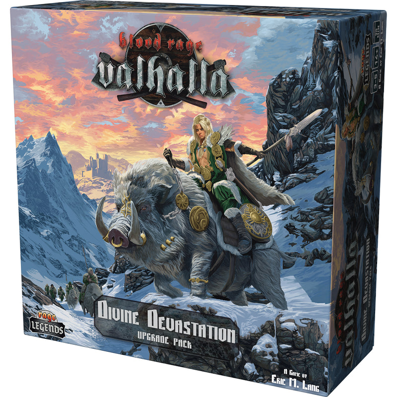 Load image into Gallery viewer, Blood Rage: Valhalla - Divine Devastation - Front of box featuring art of warrior riding a boar with snowy mountains in the background.

