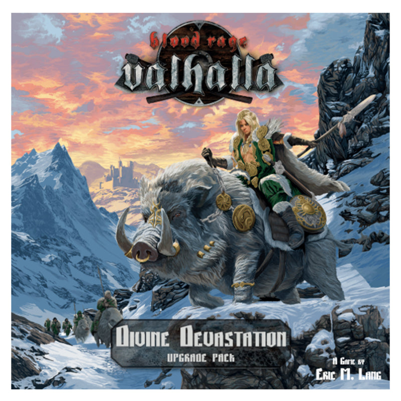 Load image into Gallery viewer, Blood Rage: Valhalla - Divine Devastation - Front of box featuring art of warrior riding a boar with snowy mountains in the background.
