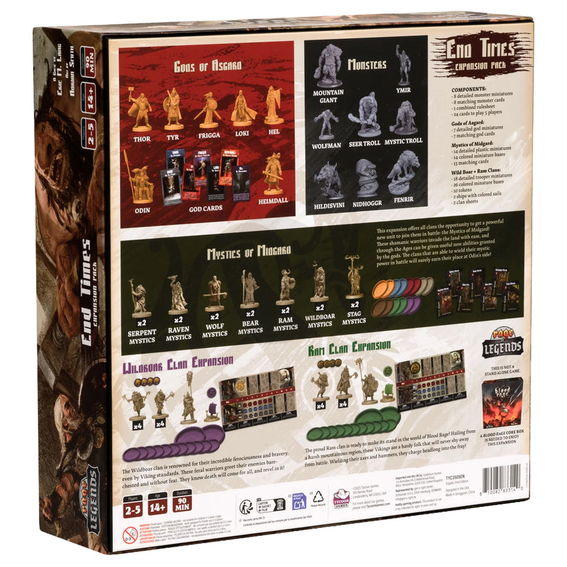 Load image into Gallery viewer, Blood Rage - End Times - Back of box with game description, contents list, and images of miniatures.
