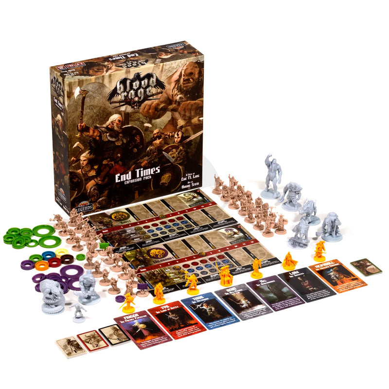 Load image into Gallery viewer, Blood Rage - End Times - Box and game components displayed including miniatures, game card, and game board.
