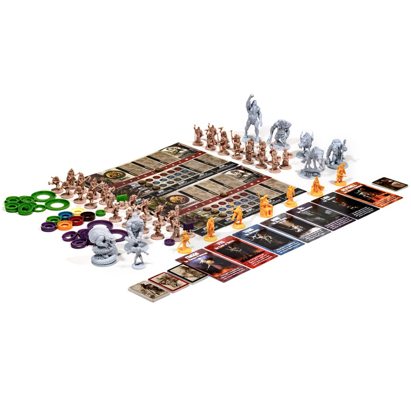 Load image into Gallery viewer, Blood Rage - End Times - Game components displayed including game board, miniatures, and game cards.
