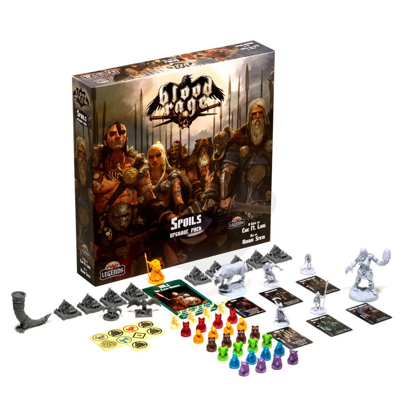 Load image into Gallery viewer, Blood Rage - Spoils - Box and game components displayed including miniatures, game cards, and tokens.

