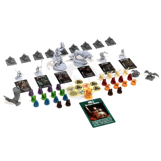 Blood Rage - Spoils - Game components displayed including Mini Cards, Oversized God Card, Monster Minis, God Mini, and Deluxe Plastic Tokens