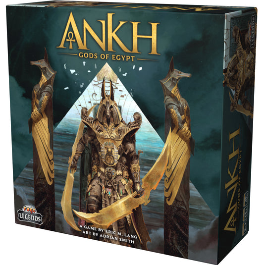 Ankh: Gods of Egypt 2nd Edition - Front of box featuring art of Egyptian god with title written in gold text.