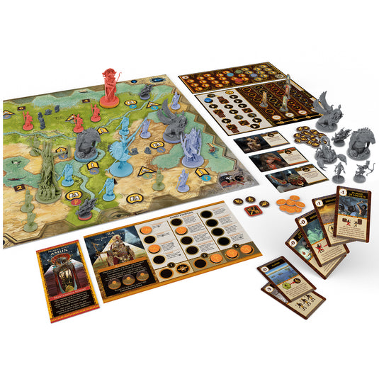 Ankh: Gods of Egypt 2nd Edition - View of setup game including game board, miniatures, and Ra character board.