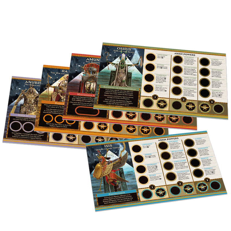 Load image into Gallery viewer, Ankh: Gods of Egypt 2nd Edition -Sample god cards displayed including Isis, Osiris, and Ra cards.
