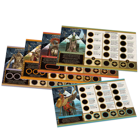 Ankh: Gods of Egypt 2nd Edition -Sample god cards displayed including Isis, Osiris, and Ra cards.