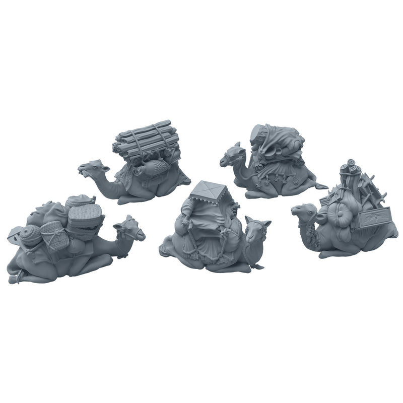 Load image into Gallery viewer, Ankh: Gods of Egypt 2nd Edition - Five camel miniatures displayed.

