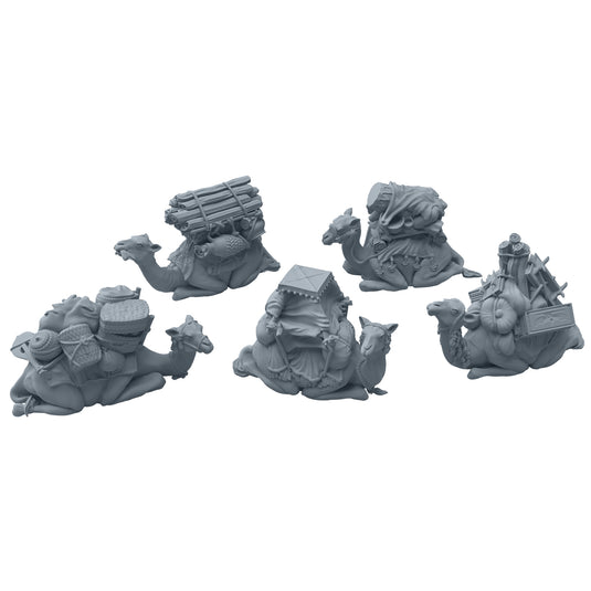 Ankh: Gods of Egypt 2nd Edition - Five camel miniatures displayed.