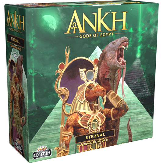 Ankh Eternal Expansion - Front of box featuring art of Egyptian gods and pyramids with title in gold text.