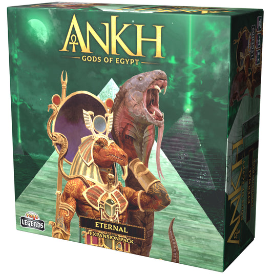 Ankh Eternal Expansion - Front of box featuring art of Egyptian gods and pyramids with title in gold text.