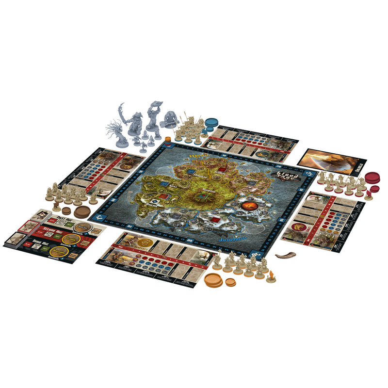 Load image into Gallery viewer, Ankh Eternal Expansion - Game components displayed including game board, god cards, and miniatures.
