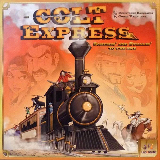 Colt Express Board Game - front of box featuring art of characters robbing a train. 