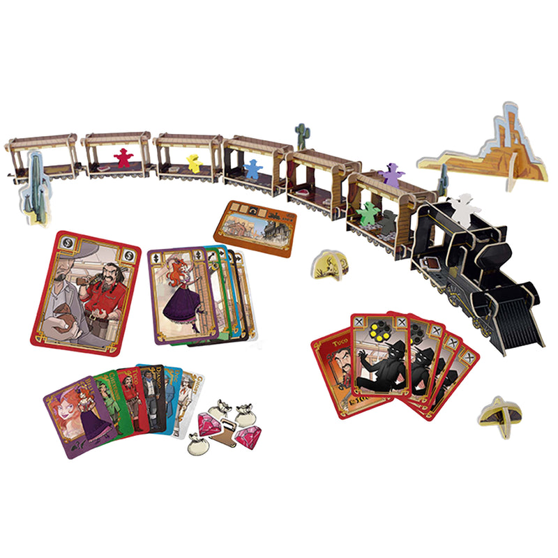 Load image into Gallery viewer, Colt Express Board Game - sample components shown including locomotive and train cars, character meeples, and bullet cards.
