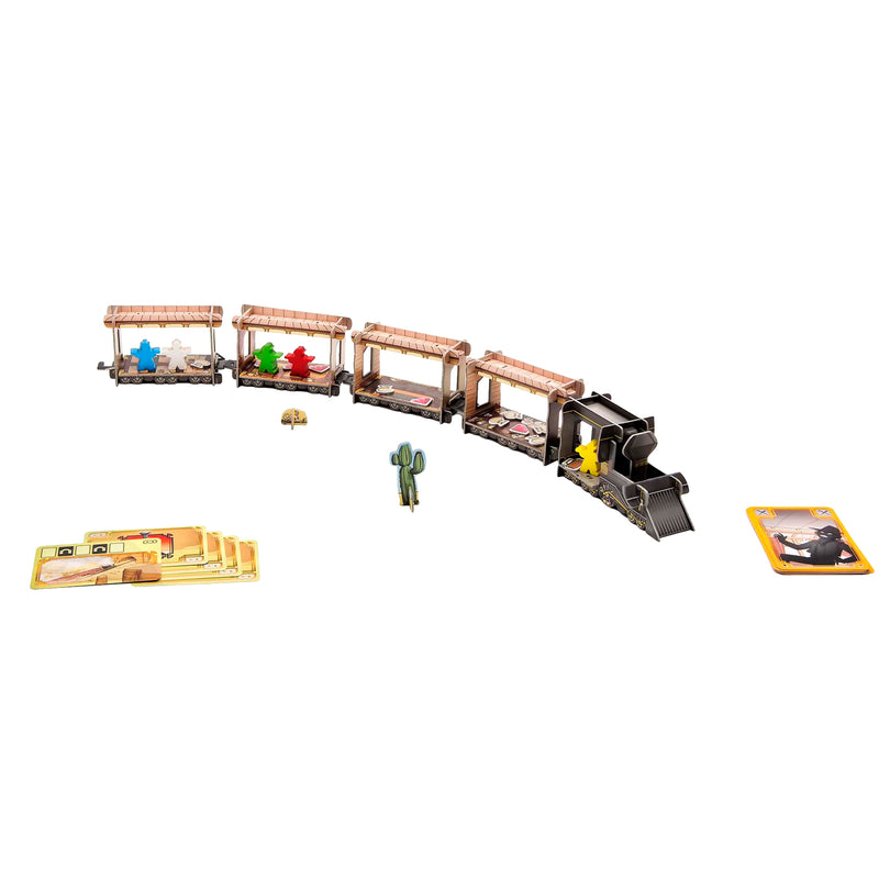 Load image into Gallery viewer, Colt Express Board Game - sample components shown including locomotive, train cars, and character meeples.
