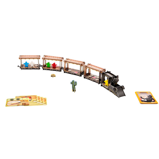 Colt Express Board Game - sample components shown including locomotive, train cars, and character meeples.